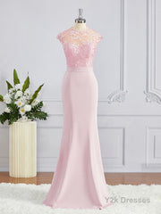 Trumpet/Mermaid High Neck Floor-Length Stretch Crepe Bridesmaid Dresses with Appliques Lace