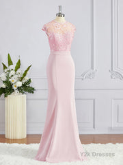 Trumpet/Mermaid High Neck Floor-Length Stretch Crepe Bridesmaid Dresses with Appliques Lace