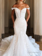 Trumpet/Mermaid Off-the-Shoulder Cathedral Train Tulle Wedding Dresses