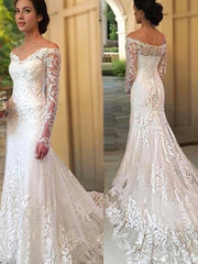 Trumpet/Mermaid Off-the-Shoulder Court Train Lace Wedding Dresses With Appliques Lace