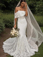 Trumpet/Mermaid Off-the-Shoulder Sweep Train Lace Wedding Dresses