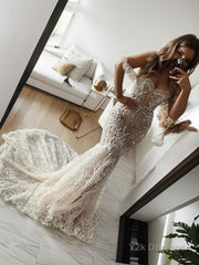 Trumpet/Mermaid Off-the-Shoulder Sweep Train Tulle Wedding Dresses With Appliques Lace