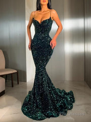 Trumpet/Mermaid Spaghetti Straps Sweep Train Velvet Sequins Evening Dresses