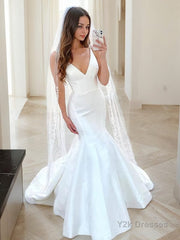 Trumpet/Mermaid V-neck Sweep Train Satin Wedding Dresses