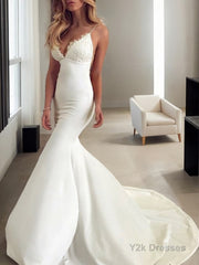 Trumpet/Mermaid V-neck Sweep Train Stretch Crepe Wedding Dresses