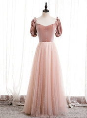 Tulle Velvet Short Sleeve Square Pearls Prom Dress