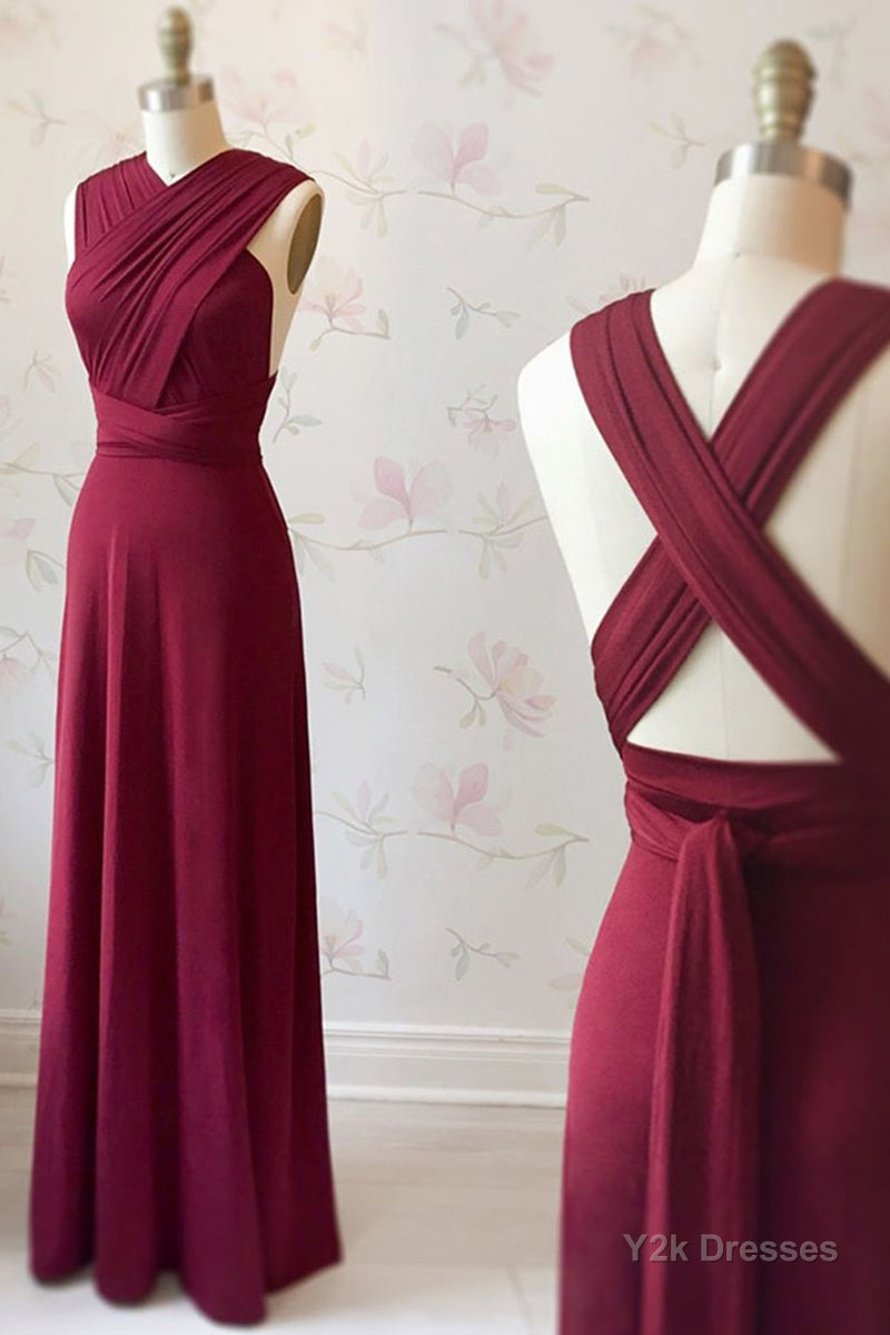 Unique Burgundy Long Prom Dress with Cross Back, Burgundy Formal Graduation Evening Dress, Burgundy Bridesmaid Dress