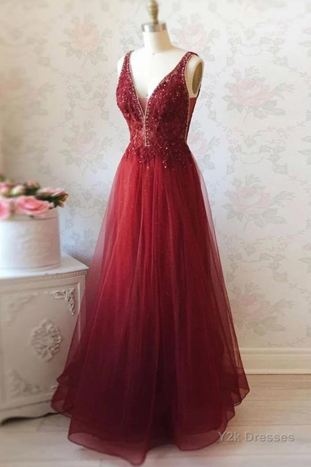 V Neck and V Back Burgundy Lace Long Prom Dresses, Open Back Burgundy Formal Dresses, Burgundy Lace Evening Dresses