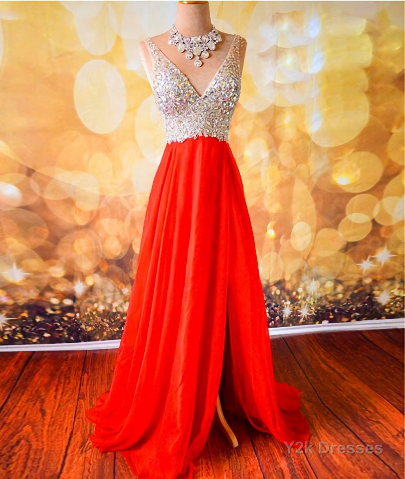 V Neck And V Back Sequins Chiffon Red Prom Dresses, Long Red Formal Dresses, Evening Dresses