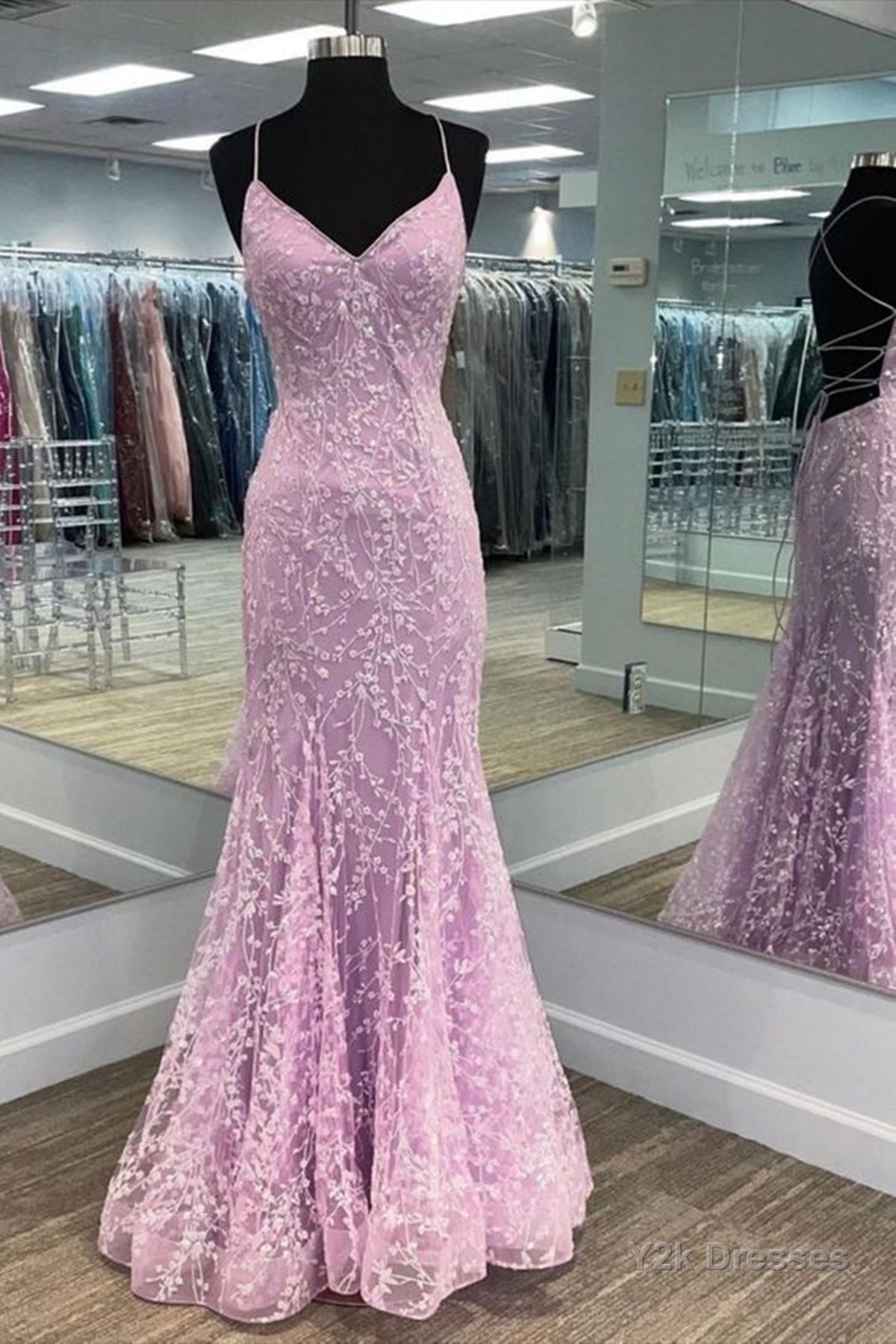 V Neck Backless Mermaid Purple Lace Long Prom Dress, Mermaid Purple Formal Dress, Purple Lace Evening Dress