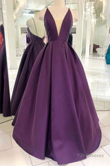 V Neck Backless Purple Satin Long Prom Dress, Backless Purple Formal Dress, Purple Evening Dress