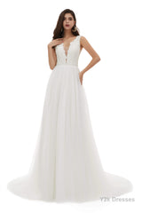 V-Neck Beaded Lace Beaded Applique Tulle Wedding Dresses