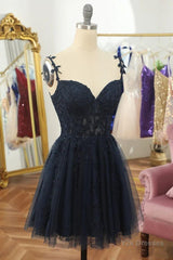 V Neck Beaded Navy Blue Lace Prom Dress, Navy Blue Lace Homecoming Dress, Short Navy Blue Formal Graduation Evening Dress