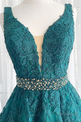 V Neck Dark Green Lace Prom Dresses, Dark Green Lace Formal Evening Dresses