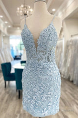 V Neck Light Blue Short Lace Prom Dresses, Light Blue Short Blue Lace Graduation Homecoming Dresses