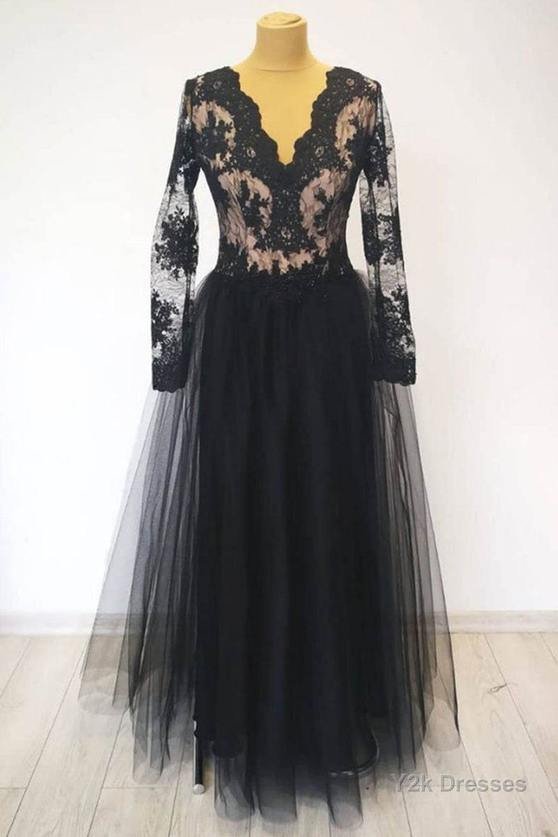 V Neck Long Sleeves Black Lace Long Prom Dress, Long Sleeves Black Lace Formal Dress, Black Lace Evening Dress