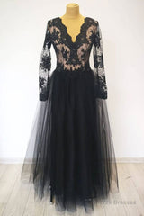 V Neck Long Sleeves Black Lace Long Prom Dress, Long Sleeves Black Lace Formal Dress, Black Lace Evening Dress