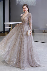 V-neck Long Sleeves Floor Length Lace A-line Prom Dresses