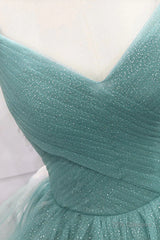 V Neck Open Back Fluffy Green Tulle Long Prom Dresses, Green Formal Evening Dresses, Ball Gown