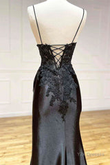 V Neck Open Back Mermaid Black Lace Long Prom Dress, Mermaid Black Lace Formal Dresses