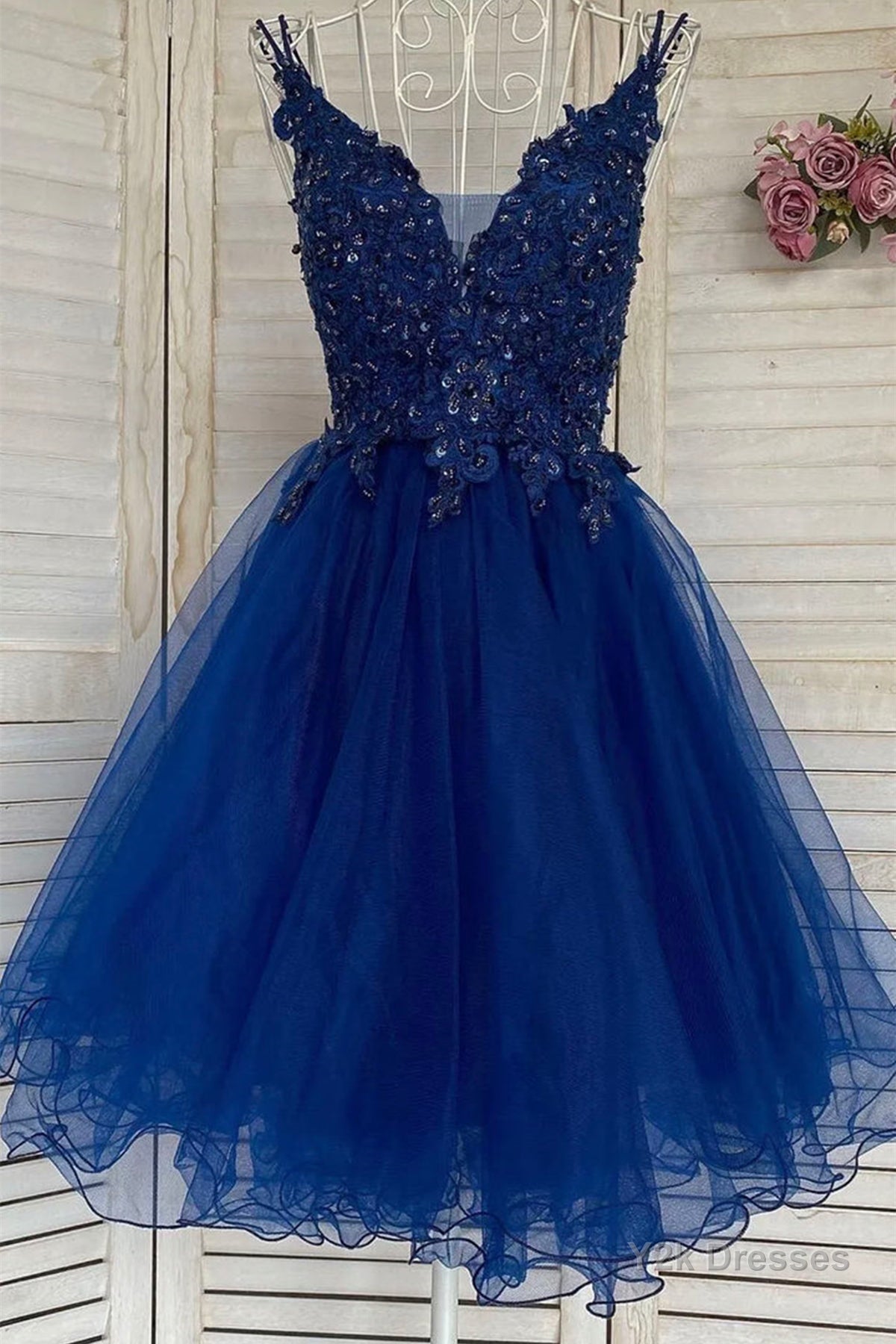 V Neck Short Blue Lace Prom Dress, Blue Lace Homecoming Dress, Short Blue Formal Graduation Evening Dress