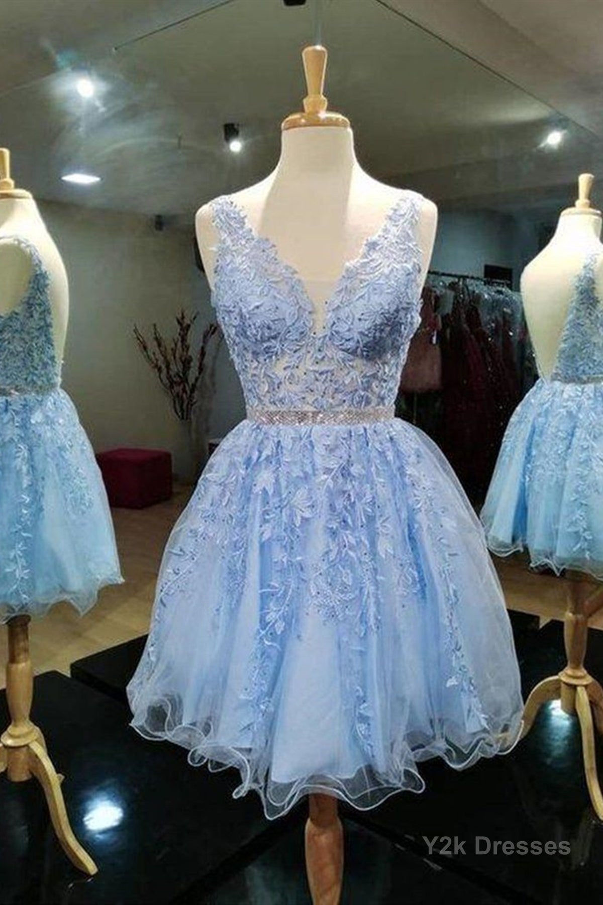 V Neck Short Blue Lace Prom Dresses, Short Blue Lace Formal Homecoming Dresses