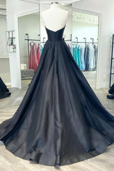 V Neck Strapless Black Satin Long Prom Dresses, Strapless Black Formal Dresses, Long Black Evening Dresses