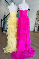 V-Neck Straps Fuchsia Ruffle Chiffon Prom Dress with Slit