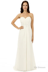 White Chiffon Sweetheart With Pleats Beading Bridesmaid Dresses