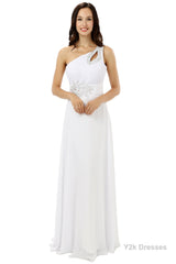 White One Shoulder Chiffon Pleats Beading Bridesmaid Dresses