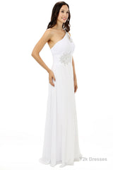 White One Shoulder Chiffon Pleats Beading Bridesmaid Dresses