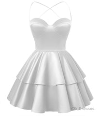 White Satin Homecoming Dress Sweetheart Neck Tiered Short Graduation Dresses