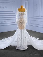 White Sheath Tulle Long Sleeve Beading Wedding Dress