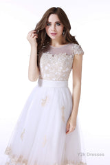 White Tulle Champagne Lace Tea Length Sleeveless Wedding Dresses