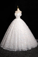 White Tulle Flowers Floor Length Prom Dresses, Beautiful A-Line Backless Sweet 16 Formal Dresses