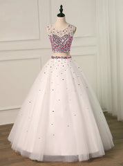 White Two Piece Tulle Crystal Backless Crystal Quinceanera Dresses