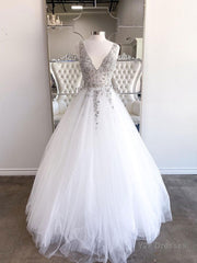 White v neck tulle beads sequin long prom dress white evening dress