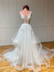 White v neck tulle lace long prom dress, white lace formal dress