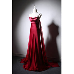 Wine Red Soft Satin Long Straps Long A-line Prom Dress, Wine Red Evening Dress