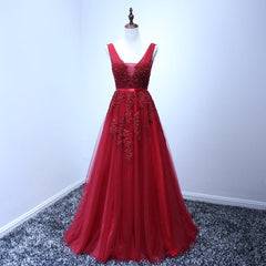 Wine Red V-neckline Tulle Long Prom Dress, Dark Red Floor Length Party Dress, Bridesmaid Dress