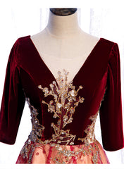 Wine Red Velvet 1/2 Sleeves Long Party Dress with Lace, A-line Junior Prom Dress