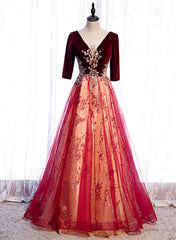 Wine Red Velvet 1/2 Sleeves Long Party Dress with Lace, A-line Junior Prom Dress