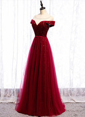 Wine Red Velvet and Tulle Long Prom Dress, A-line Wine Red Floor Length Prom Dress