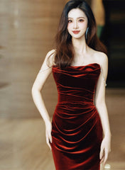 Wine Red Velvet Long Formal Dress Evening Dress, Wine Red Prom Dress