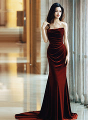 Wine Red Velvet Long Formal Dress Evening Dress, Wine Red Prom Dress