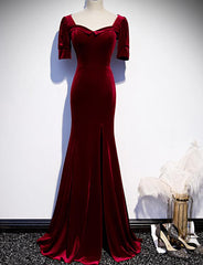 Wine Red Velvet Mermaid Long Evening Party Dresses, Dark Red Velvet Formal Dresses