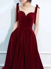 Wine Red Velvet Straps Sweetheart Long Prom Dress, Wine Red Velvet Evening Dress