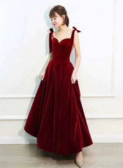 Wine Red Velvet Straps Sweetheart Long Prom Dress, Wine Red Velvet Evening Dress