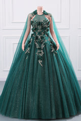 Womens Beaded Applique Tulle Emerald Green Prom Ball Gowns Quinceanera Dress A-Line Wedding Bridesmaid Eveniing Dresses