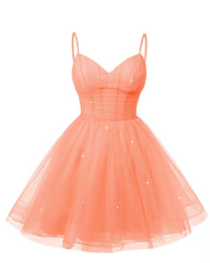 Womens V Neck Tulle Spaghetti Straps Coral Homecoming Dresses with Corset Back Short Prom Gowns for Teens